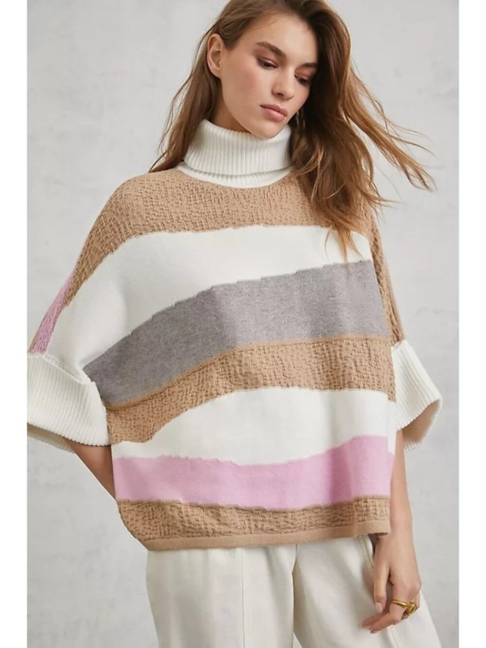 ANTHROPOLOGIE CALLAHAN KNITWEAR Michelle Mixed Knit Stripe Poncho Sweater Size S